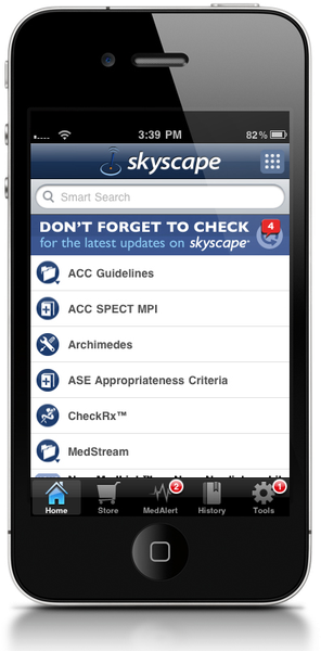A screenshot of the Skyscape app on an iPhone. The app is open and the screen is turned on. The top of the screen has a blue header with the time "3:39 PM" and the ape's logo. Below the header there is a search bar with the text "Smart Search" and "Don't forget to check for the latest updates on skyscape". Below the search bar there are several icons representing different features of the app including ACC Guidelines ACC SPEC MPI Archimedes ASE Appropriateness Criteria check™ midstream Home Store medalist History Tools and more. The icons are arranged in a grid-like pattern with each icon representing a different feature. The background of the image is black and the overall design is simple and modern.