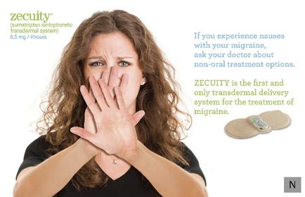 A young woman with long curly hair covering her mouth with her hands. She appears to be shocked or surprised with her eyes wide open and her mouth slightly open. On the right side of the image there is text that reads "If you experience nausea with your migraine ask your doctor about non-oral treatment options. security is the first and only transdermal delivery system for the treatment of migraine." On the left side there are two small images of a bandage one of which is likely used to help with the treatment. The background is white.