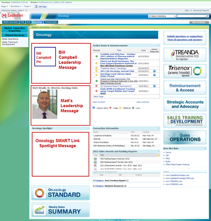 A screenshot of a webpage from a company called Oncology. The webpage is titled "Oncology Smart Link Spotlight Message" and has a summary of the company's services. On the left side of the page there is a header with the company name "Bill Campbell" and a photo of Bill Campbell. Below the header there are several options for the company including "Leadership Message" "mate's Leadership Message" and "Sales Training & Development". On the right side there has a list of services offered by the company. At the top of the webpage there appears to be a search bar and a menu bar with options such as "grenada" "Reimbursement & Access" "Strategic Accounts" "Sales Operations" "On-colony" "Standard" "Summary" and more. The page also has a search icon at the bottom indicating that the user can search for specific services.