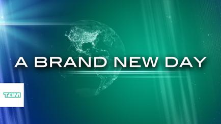 A digital graphic design with a green background and a blue and green gradient. In the center of the image there is a globe in the shape of the Earth with the continents and oceans clearly visible. The globe is surrounded by a white line that radiates from the center creating a sense of depth and dimension. The text "A BRAND NEW DAY" is written in white capital letters above the globe with a smaller text below it that reads "tea". The overall design is modern and minimalist conveying the message of a brand new day.