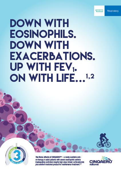 A graphic design with a light blue background and pink and purple circles scattered throughout. On the left side of the image there is a text that reads "Down with Eosinophils. Down with exacerbation. Up with FEV. 1.2 on with life..." and on the right side there are two illustrations of a person riding a bicycle. The text is in black and the illustrations are in a modern sans-serif font. The overall design is simple and minimalist.