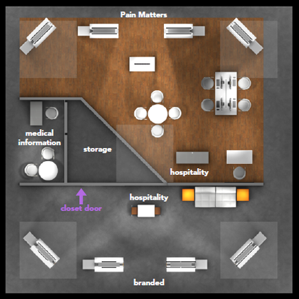 A floor plan of a hospital room. The room is divided into two sections with the left section showing medical information storage hospitality and closet door. The right section shows the location of the hospital room which is located in the center of the room. There are several medical equipment scattered throughout the room including a desk chairs and a computer monitor. The desk is located on the left side of the image and the chairs and computer monitor are on the right side. There is also a large window on the wall which allows natural light to enter the space. The room is labeled with the words "Pain Matters" and "Hospitality" in bold letters indicating that it is a designated space for medical information and storage. The closet door is located at the bottom right corner of the floor plan.