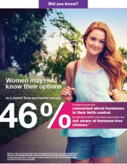 An advertisement for a recent tea-sponsored survey. It features a young woman with long red hair wearing a blue tank top and denim shorts standing on a sidewalk with trees in the background. She is smiling and looking directly at the camera. The text on the image reads "Did you know? Women may not know their options in a recent Teen-spanned survey. 46% concerned about hormones in their birth control. Not aware of hormone-free choices."