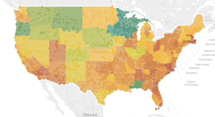 This is a color-coded map of the continental United States. Individual states are colored in various shades of red orange green and yellow but the significance of that is not stated. The location of major metropolitan areas (as dots) are also indicated. 