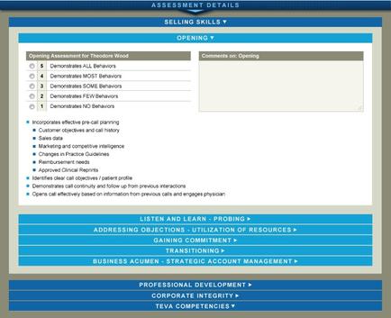 A screenshot of the "Selling Skills" section of a website. The page is titled "Opening Assessment for Theodore Wood" and has a blue header with the title "Opening" at the top. Below the header there is a table with three columns. The first column lists the following skills: - Demonstrates all behaviors - demonstrates some behaviors The second column lists a list of behaviors that can be used to assess the effectiveness of a company or organization. The list includes items such as "Demonstrates new behaviors" and "Demonstrate new behaviors". At the bottom of the page there are three buttons - "Listen and Learn" "Probing" and "Addressing Objectives - Utilization of Resources". These buttons allow the user to listen and learn about the company's skills and responsibilities. On the right side of the image there has a button that says "Professional Development" and a link to the website's website. At the bottom right corner it says "tea Competencies".