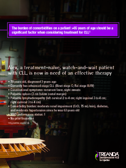 A slide from a presentation on the burden of comorbidities on a patient - 65 years of age should be a significant factor when considering treatment for CLL. The slide has a purple background with white text. The title of the slide is "Alex a treatment-naive watch-and-wait patient with CLL is now in need of an effective therapy". Below the title there is a description of the treatment which states that 70 years old diagnosed 3 years ago currently has advanced-stage CLL (bidet stage C) Rial stage III/IV and that the treatment is suitable for both men and women. The slide also mentions that there are no prior treatment status. The text is written in a clear and concise manner making it easy to read and understand.