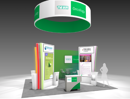 A trade show booth with a green and white color scheme. The booth has a circular design with the word "tea" written in green at the top. Below the word there is a banner that reads "Oncology" in white letters. On the left side of the booth there are two large screens displaying information about the company's products. On the right side the booth has two smaller screens that show the company name and contact information. There is also a small table and chairs in front of the screens. The booth is set up on a gray carpeted floor with a white silhouette of a person standing next to it. The background is a plain white wall.