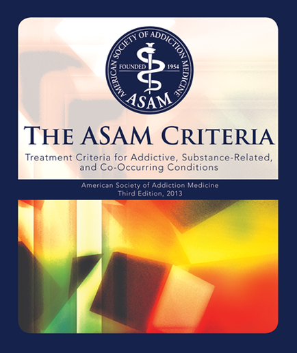 The cover of a book titled "The sam Criteria: Treatment Criteria for Addictive Substance-Related and Co-Occurring Conditions". The cover is predominantly white with a blue border. The title of the book is written in bold black font at the top of the cover. Below the title there is a logo of the American Society of Addiction Medicine which is a blue circle with a white caduceus symbol in the center. The logo is surrounded by a white circle with the words "sam" written in black. The cover also has a colorful abstract design in the bottom right corner. The design is made up of different shades of orange yellow green and blue creating a gradient effect. The overall design is modern and eye-catching.