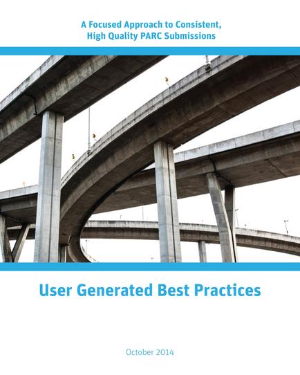 A close-up of a concrete bridge with multiple levels. The bridge appears to be a high-quality part (High Quality part) submission as indicated by the text at the top of the image which reads "A Focused Approach to Consistent High Quality part Submissions". Below the text there is a subtitle that reads "User Generated Best Practices October 2014". The image is taken from a low angle looking up at the bridge. The sky is visible in the background and the overall color scheme is gray and white.