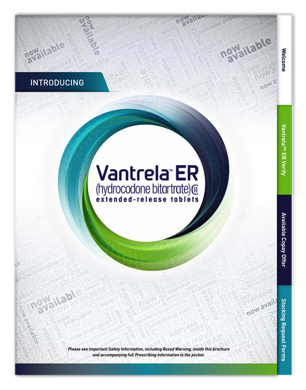 A cover page of a brochure or flyer for a company called cantrell ER. The background of the page is white with a blue and green circular design in the center. The design is made up of three colors - blue green and black. The blue color is on the left side the green color is in the middle and the black color is at the top. The text on the page reads "Introducing" in bold black letters. Below the text there is a subtitle that reads "Hydrocodone nitrate (extended-release tablets)". The text is in a modern sans-serif font and is centered on the right side of the image. The overall design is simple and minimalist.