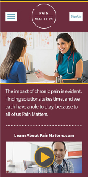 An advertisement for Pain Matters a website that provides information about chronic pain. The background of the image is a medical office with a doctor and a patient sitting at a desk. The doctor is wearing a stethoscope around her neck and is smiling at the patient. The patient is sitting in front of her and is looking at her with a concerned expression. The text on the image reads "The impact of chronic pain is evident. Finding solutions takes time and we each have a role to play because to all of us Pain Matters." There is also a play button at the bottom of the advertisement.