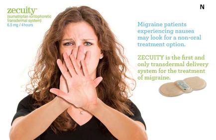 A young woman with long curly hair covering her mouth with her hands. She appears to be shocked or surprised with her eyes wide open and her mouth slightly open. The background is white and there is text on the right side of the image that reads "Migraine patients experiencing nausea may look for a non-oral treatment option. security is the first and only transdermal delivery system for the treatment of migraine." On the left side there is an image of a bandage which is likely used to treat the condition.