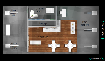 A floor plan of a hospital room. The room is divided into two sections with the left side showing the front of the room and the right side showing a hallway. The hallway has a wooden floor and a white wall with a sign that reads "Medical Info." There is a large window on the left wall which allows natural light to enter the room. On the right wall there is a desk with a computer and a chair. Above the desk there are several medical supplies such as a stethoscope a thermometer and a medical device. The room also has a storage area which is located in the center of the image. There is also a hospital bed with a mattress and a bedside table. The bed is covered with a white sheet and there are two white pillows on either side of the bed. There are also two white tables with white chairs in front of them. The tables are arranged in a semi-circle around the room and the room is well-lit with natural light coming in from the windows.