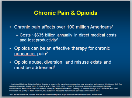 A slide from a presentation about chronic pain and opioid. It has a blue background and white text. The slide has a title at the top that reads "Chronic Pain & opioid". Below the title there is a subtitle that explains that chronic pain affects over 100 million Americans. The slide also mentions that costs $635 billion annually in direct medical costs and lost productivity. There are three bullet points on the slide. The first bullet point explains that opioid can be an effective therapy for chronic noncancer pain. The second bullet point discusses opioid abuse diversion and misuse exists and must be addressed. The third bullet point mentions that the institute of Medicine Relieving Pain in America a blueprint for transforming prevention care education and research Washington DC the National Academies Press and the National Institute of Medicine.