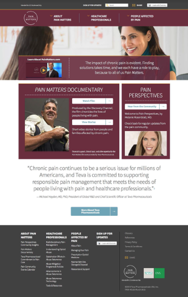 A screenshot of the homepage of a website called "Pain Matters Documentary". The website has a maroon and white color scheme with a modern and professional design. At the top of the page there is a navigation bar with links to different sections of the website. The main content area of the webpage is divided into three sections. The first section is titled "Chronic pain continues to be a serious issue for millions of Americans and tea is committed to supporting people living with pain and healthcare professionals." The second section has a photo of a man with a smile on his face and the third section has an image of a woman with long brown hair. At the bottom of the image there are several buttons for users to navigate through the website such as "About" "Contact" and "About Us". There is also a link to a website for more information about the website's services.