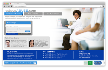 A screenshot of the homepage of a website called "reduceABUSE.com". The website has a blue and white color scheme with a blue header and footer. On the left side of the header there is a login form with a username and password field. Below the login form there are three images of three people - a man a woman and a doctor. On the top right corner of the page there appears to be a photo of a woman sitting at a desk with a laptop in front of her. She is wearing a white lab coat and glasses and is smiling at the camera. Next to her is a picture of a man in a suit and tie. At the bottom of the image there has a banner that reads "Our Goal" and "On Demand" with the text "Live Programs". Below the banner it says "I'd like to speak with a tea Representative". On the bottom right corner it reads "Clad". The overall design of the website is modern and professional with a clean and clean layout.