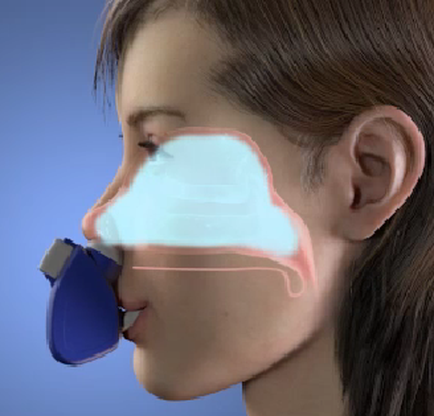 A close-up of a woman's face with her mouth slightly open. She is wearing a blue nasal mask that covers her nose and mouth. The mask is transparent allowing the viewer to see the blue color inside. The woman's hair is pulled back in a ponytail and she appears to be wearing minimal makeup. The background is a solid blue color. The image is a 3D rendering giving it a realistic look.