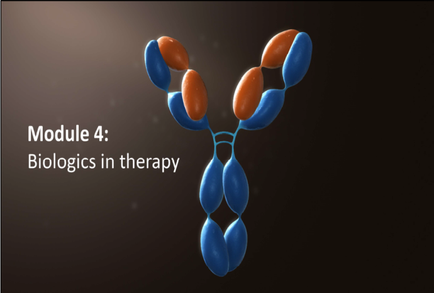 A 3D rendering of a molecular model of a molecule. The molecule is made up of three spheres each with a different color - blue orange and red. The blue sphere is in the center with the orange sphere on top and the red sphere on the bottom. The orange sphere is on the left side of the molecule while the blue sphere and red sphere are on the right side. The background is black and there is text on the image that reads "Module 4: biologic in therapy".
