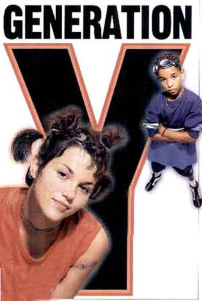 A movie poster for the film "Generation V". It features two young people a boy and a girl standing side by side with their arms crossed. The girl is on the left side of the image wearing an orange t-shirt and has her hair styled in a messy bun. She is looking directly at the camera with a serious expression on her face. The boy on the right side is wearing a blue shirt and black shorts with his arms crossed in front of him. The background is white and the title of the film is written in bold black letters at the top of the poster.