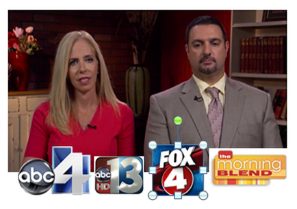 A screenshot from a news segment on ABC 4 News. It shows a man and a woman sitting in front of a TV screen. The woman is on the left side of the screen wearing a red blouse and has blonde hair. She is looking directly at the camera with a serious expression on her face. The man on the right side is wearing a gray suit and a pink tie. He has a beard and mustache. The background shows a bookshelf and a vase of flowers. At the bottom of the image there are logos for ABC 4 ABC 13 Fox 4 and The Morning Blend.
