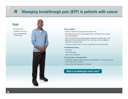 A screenshot of a presentation slide titled "Managing breakthrough pain (BTP) in patients with cancer". The slide has a blue background with white text. On the left side of the slide there is a photo of a man standing with his hands in his pockets. He is wearing a blue shirt and black pants. The man appears to be in his late 40s or early 50s and has a serious expression on his face. On the right side there are three bullet points that explain the problem of managing breakthrough pain. The first bullet point explains that the problem is related to the treatment history of BTP which is a type of cancer treatment. The second bullet point discusses the current pain management and the potential risks associated with it. The third bullet point asks the viewer what is breakthrough cancer pain? The slide also has a title at the top that reads "Fred" and a brief description of the topic.