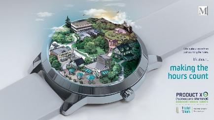 An advertisement for a product called "Product X". The background is white and the focus is on the watch face. The watch face is circular in shape and has a silver band. In the center of the watch there is an aerial view of a beautiful landscape with a variety of buildings trees and greenery. The buildings are arranged in a circular pattern with some buildings in the foreground and others in the background. The landscape is surrounded by a blue sky with white clouds. The text on the right side of the image reads "Making the hours count" and on the left side there are logos for the product X and the company's logo.