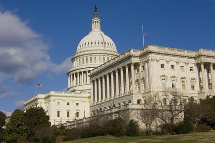 A photograph of the United States Capitol building in Washington DC. The building is a large neoclassical structure with a dome-shaped dome on top and a statue of a man on a pedestal on the right side. The dome is surrounded by columns and arches and there is a flagpole with the American flag flying on the left side of the image. The sky is blue with a few clouds and the building is located on a hill with trees and shrubs in the foreground. The image appears to have been taken on a sunny day.
