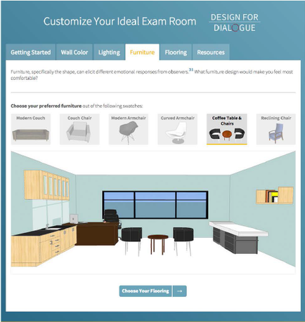 A screenshot of a website called "Customize Your Ideal Exam Room Design for Dialogue". The website has a blue and white color scheme with a navigation bar at the top. Below the navigation bar there is a section titled "Getting Started" with options to "Wall Color" "Lighting" "Furniture" "Flooring" and "Resources". The main content of the page is an illustration of a modern office space with a desk chairs and a coffee table. The desk is made of wood and has a computer monitor and a keyboard on it. The chairs are black and the coffee table is white. There is a large window on the wall behind the desk allowing natural light to enter the room. On the right side of the image there are several icons representing different types of furniture such as a sofa armchair coffee table and reclining chair. These icons are arranged in a grid-like pattern. The overall design of the room is modern and minimalist.