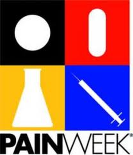 A logo for PainWeek a pain relief organization. It is a square-shaped logo with four squares arranged in a diagonal line. The first square is black the second is red the third is yellow and the fourth is blue. On the left side of the square there is a white circle which is the focal point of the logo. Next to it there are two white vases one on the right side and one in the center. The vases are white and appear to be made of glass or a similar material. On top of the vases is a blue rectangle with a white exclamation mark in the middle. The word "PainWeek" is written in black letters at the bottom of the image.