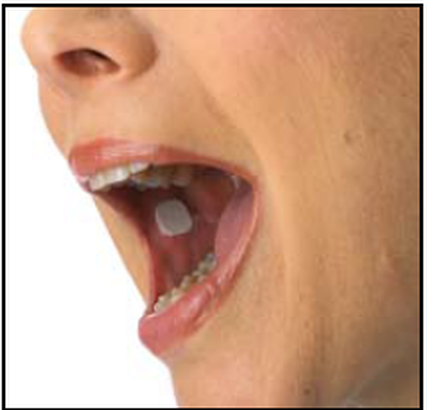 A close-up of a person's mouth showing their teeth and tongue. The person appears to be in pain or discomfort with their mouth slightly open and their tongue sticking out. The teeth are white and appear to be missing. The skin around the mouth is pale and unkempt and the person's nose is visible on the top left corner of the image. The background is plain white.