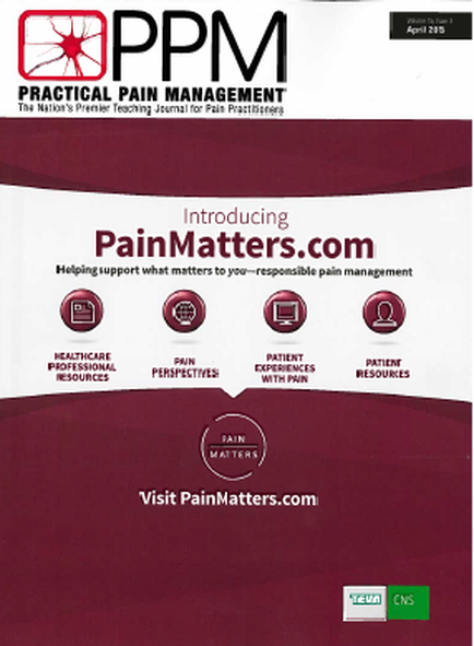 The cover of a book titled "Practical Pain Management: The Nation's Premier Teaching Journal for Pain Practitioners". The cover is predominantly maroon in color with white text. The title of the book is written in bold capital letters at the top of the cover. Below the title there is a subtitle that reads "Introducing PainMatters.com" in smaller white letters. The subtitle also mentions that the book helps support what matters to you-responsible pain management. There are six icons on the cover each representing a different aspect of pain management - healthcare professional resources pain perspectives patient experiences with pain and patient resources. The icons are arranged in a grid-like pattern with each icon having a different color and design. At the bottom right corner there are two logos - "Visit PainMatters.com" and "them". The logo on the top left corner is a red circle with a white "P" in the center representing the company's logo.