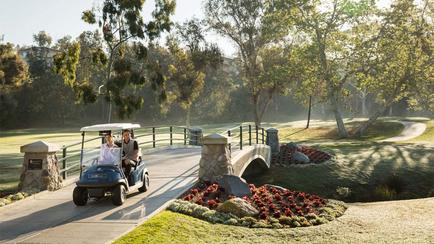 A golf cart parked on a concrete pathway in a park. The pathway is lined with trees and shrubs and there is a stone bridge crossing over it. The sky is blue and the sun is shining creating a warm glow on the scene. In the background there are houses and a golf course. The golf cart is blue with a white canopy and two people can be seen inside. The overall atmosphere of the image is peaceful and serene.