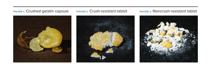 A collage of three photographs showing three different types of crushed gelatin capsules. The first photograph on the left shows a crushed gelatin capsule which is a type of gelatin capsule. The capsule is yellow in color and appears to be made of a gelatin-like substance. It is lying on a black surface with a few pieces of the capsule scattered around it. The second photograph in the middle shows a pile of crushed-resistant tablets which are white and appear to be onrush-resistant. The third photograph shows a single tablet with a crumbly texture which looks like it has been crushed into small pieces. All three photographs are taken from a side angle with the first photograph showing the capsule in the center and the second photograph on either side. The background is black and the tablets are arranged in a way that they are overlapping each other.