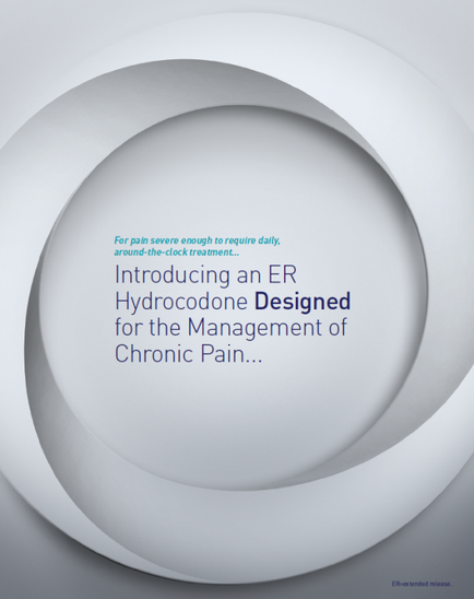 A graphic design with a white background and a circular shape in the center. The shape is made up of multiple layers of different shades of white creating a gradient effect. In the center of the circle there is a blue text that reads "Introducing an ER Hydrocodone Designed for the Management of Chronic Pain...". The text is written in a modern sans-serif font and is centered in the middle of the image. The overall design is simple and minimalist.