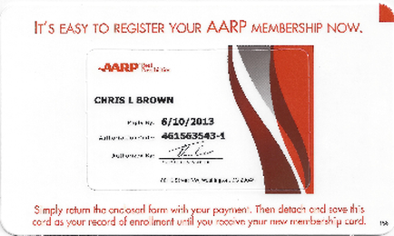 A credit card for warp membership. The card has a white background with a red and orange design on the right side. On the left side there is a text that reads "It's easy to register your warp membership now." Below the text there are two lines of text that read "Chris L. Brown" and "6/10/2013". On the bottom right corner of the card it says "Simply return the enclosed form with your payment. Then detach and save this card as your record of enrollment until you receive your new membership card." The card also has a signature at the bottom.