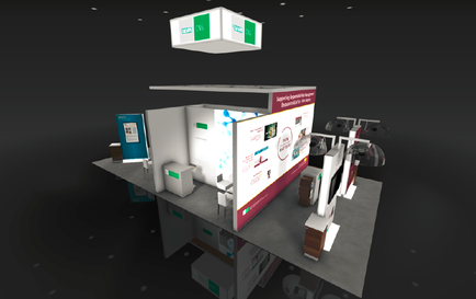 A 3D rendering of a trade show booth. The booth is white with a red and green design on the front. There is a large screen on the left side of the booth displaying information about the trade show. On the right side there is a desk with a computer monitor and other office supplies. Above the desk there are two white boxes with green and white logos on them. The background is black and the booth is lit up with bright lights.