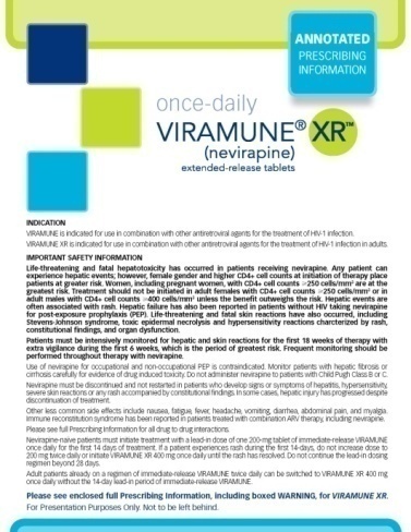 Annotated prescribing information for once-daily Viramune (nevirapine) extended-release tablets. The background of the image is white and the text is in black. There is a green banner at the top with blue and green squares. There is dense text on the page providing the indication and important safety information. text is divided into three sections. <br /><br />At the bottom of the page there is text that reads: "Please see enclosed full Prescription Information including boxed warning for presentation purposes only. Not to be left behind."