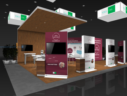 A trade show booth with a modern design. The booth has a wooden wall with a curved roof and a large screen on the left side. On the right side of the booth there are several white and pink banners with text and images. The banners have the logo of a company called "CNS" and the company's name. There are also two large screens on the wall and a desk with a computer monitor in front of it. The floor is made of wood and there are potted plants scattered around the booth. The background is black and the overall color scheme is predominantly pink and white.