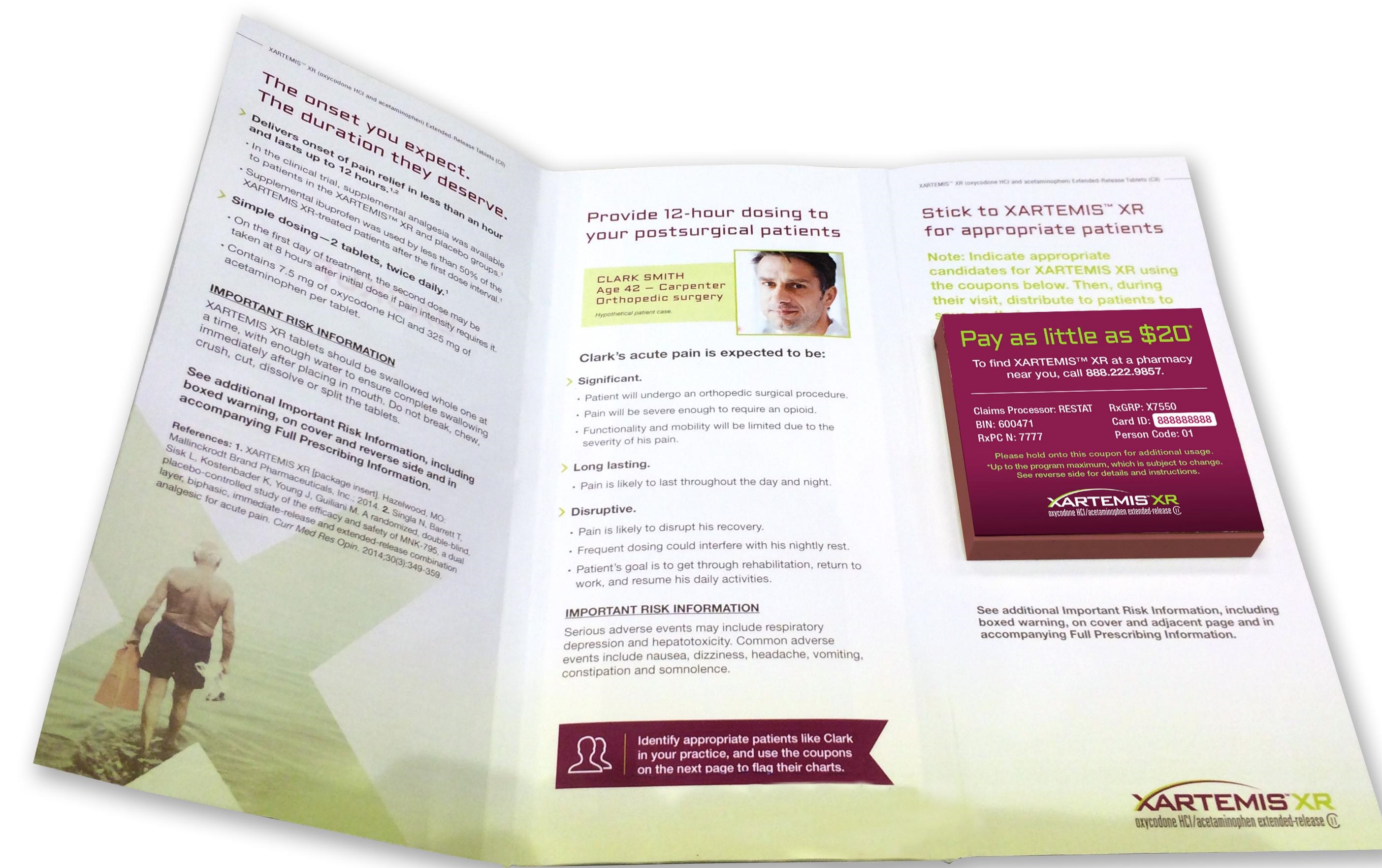 A photograph of a tri-fold brochure design for XARTEMIS XR. The brochure is divided into three sections. The left side of the brochure has the title "The onset you expect. The duration they deserve." It features several bullet points of information as well as a green background with a photo of a man walking on a beach. The man is wearing shorts and appears to be walking away from the camera. <br /><br />On the center page of the brochure the heading is "Provide 12-hour dose to your surgical patients".  On the right side the heading is "Stick to XARTEMIS XR for appropriate patients". There is a red box that reads "Pay as little as $20". The overall design is modern and professional with a clean layout.