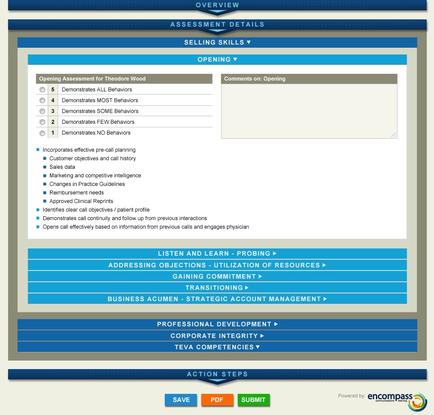 A screenshot of an assessment details page for a company called Encompass. The page is titled "Assessment Details" and has a blue header with the company's logo at the top. Below the header there is a section titled "Selling Skills" which provides information about the company. The page has a white background with a blue border. On the left side of the page there are several fields for the user to fill out including "Opening Assessment" "Comments on Opening" "Listening and Learn" "Probing" "Addressing Objectives" "Utilization of Resources" "Gaining Commitment" "Business Acumen" "Strategic Account Management" "Professional Development" "Corporate Integrity" "tea Competencies" and "Action Steps". There is also a button at the bottom that says "Save" "PDF" "Submit" and a "Save" button. At the top of the image there appears to be a navigation bar with links to different sections of the assessment details.