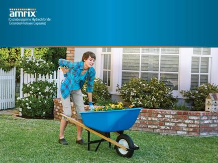 A young woman pushing a blue wheelbarrow in a garden. She is wearing a blue plaid shirt khaki pants and blue gloves. The garden has a brick wall and a white picket fence in the background. There are plants and flowers in the garden and a birdhouse can be seen on the right side of the image. The woman appears to be in the process of planting or tending to the plants.