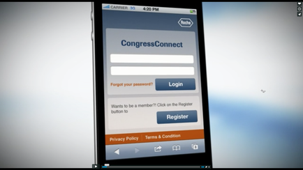 A screenshot of a mobile phone screen displaying the homepage of a website called "CongressConnect". The website has a blue and white color scheme with the logo of the website on the top left corner. The main content of the page is a login form with two fields for the user to enter their password and a button to register. Below the fields there is a text that reads "Forgot your password? Login". At the bottom of the form there are two buttons - "Wants to be a member? Click on the Register button" and "Register". There is also a "Privacy Policy" button and a "Terms & Condition" button. The background of the screen is a light blue color.