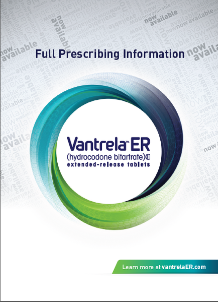 A cover page of a brochure or flyer for a company called cantrell ER. The background of the page is white with a blue and green circular design in the center. The design is made up of three overlapping circles each with a different color - blue green and light blue. The blue circle has the company's name written in white text while the green circle has a textured pattern. The text on the page reads "Full Prescribing Information" and "Hydrocodone nitrate (extended-release tablets)". Below the text there is a link to learn more about the company.