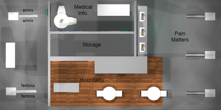 A floor plan of a hospital room. The room has a gray wall on the left side and a wooden floor on the right side. There are two white tables and two chairs in the center of the room. On the top left corner there is a sign that reads "Medical Info" and on the top right corner it reads "Pain Matters". Below the sign there are two shelves with medical supplies such as amrix amrix and mentor. The shelves are labeled "Storage" and "Hospitality". The room appears to be well-lit with natural light coming in from the windows.