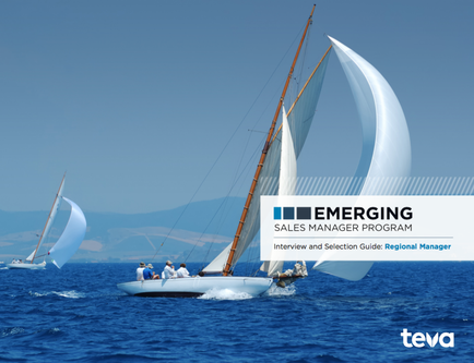 A group of sailboats sailing on the ocean. The boats are white and have large sails that are billowing in the wind. The sky is blue and the water is a deep blue-green color. In the background there are mountains and a clear blue sky. There are a few people on the boats some of whom are sitting and some are standing enjoying the view. On the right side of the image there is a text overlay that reads "Emerging Sales Manager Program: Interview and Selection Guide: Regional Manager".