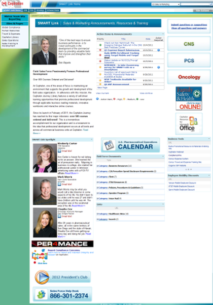 A screenshot of the homepage of a website called "Smart Link". The website has a blue and green color scheme with a white background. On the top left corner there is a header with the company's logo and contact information. Below the header there are three images of three people - a man in a suit and tie a woman in a black dress and a man with blonde hair. On the right side of the page there has a search bar and a list of different categories such as "CNS" "PCS" "Oncology" "Online" and "Office". Below the search bar it says "Calendar". On the bottom right corner it reads "perchance" and on the bottom left corner there is an email address and phone number. The overall design of the website is modern and professional with a clean and organized layout.