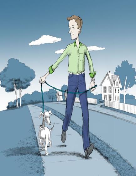 An illustration of a man walking his dog on a sidewalk. The man is wearing a green shirt blue jeans and black shoes. He is holding a green leash attached to the dog's collar. The dog is white and appears to be a whippet. The sidewalk is lined with trees and there is a white picket fence on the right side of the image. In the background there are houses and a blue sky with white clouds. The overall style of the illustration is cartoon-like.