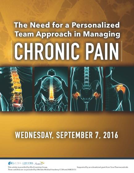 A cover page of a book titled "The Need for a Personalized Team Approach in Managing Chronic Pain". It has a yellow background with black text. The title of the book is written in large bold font at the top of the page. Below the title there is a subtitle in smaller font that reads "Wednesday September 7 2016". There are four images on the page each showing a different aspect of chronic pain. The first image on the left shows the spine the second image shows the lower back and the third image shows a person's lower back. The fourth image shows an X-ray image of the back of the person's body with the spine highlighted in orange. The fifth image shows that the person is experiencing pain in their lower back and neck. The sixth image shows how the spine and neck are affected by chronic pain with some areas of the spine appearing red and swollen. The seventh image shows what the spine looks like with a few areas of inflammation and pain visible. The eighth image shows when the spine is swollen and inflamed.