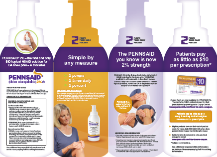 An unfolded brochure or hand out in the shape of four outlines of Pennsaid dispensers. The bottles are different colors including white purple and orange. The bottle on the far left has the Pennsaid logo on it. It reads "Pennsaid 2% - the first and only BIO topical NSAID solution for OA knee pain -- is available." It shows an image of two hands using the Pennsaid dispenser. <br /><br />The second dispenser is orange and has the text "Simple by any measure". It shows a photograph of a woman next to a Pennsaid dispenser. She is rubbing her knee. <br /><br />The third bottle is purple and reads "The Pennsaid you know is now 2% strength". It shows three images of a person rubbing their knee from different angles. <br /><br />The fourth bottle is white and reads "Patients pay as little as $10 per prescription". It appears to show some type of loyalty or membership card.