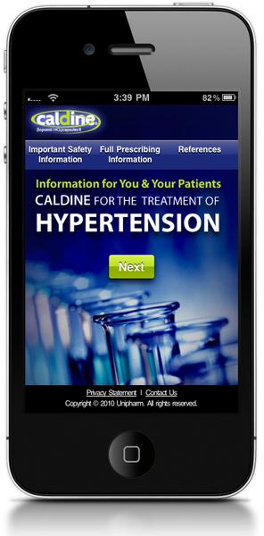 A screenshot of a mobile phone screen displaying the homepage of a website called "calcine for the Treatment of Hypertension". The website has a blue and white color scheme with the logo of the company at the top. Below the logo there is a title that reads "Important Safety Full Prescribing Information" in bold white letters. The main content of the website is a blue banner with white text. The background of the banner is a photo of a group of test tubes in a laboratory setting. The text on the banner reads "Information for you & your patients" in white letters with a yellow "Next" button below it. At the bottom of the screen there are two buttons - "Privacy Statement" and "Contact Us" - which are likely used to access the website's privacy information. The phone is black in color and has a home button at the bottom.